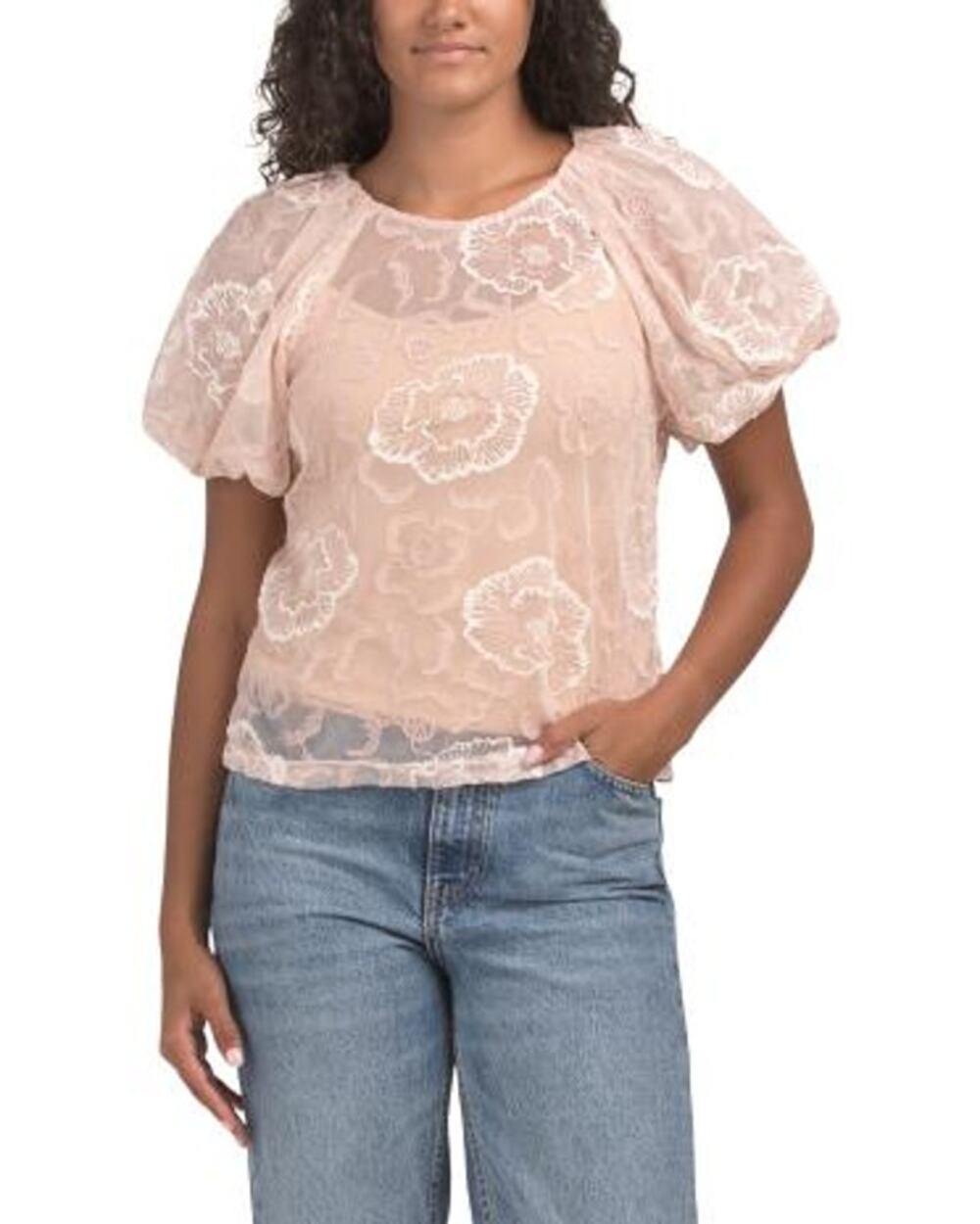 LAUNDRY puff sleeve embroidered mesh top NWT